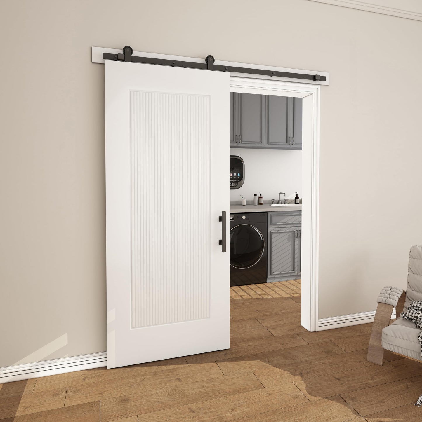 JUBEST 36''x84'' Sliding Barn Door, 1 Panel Reeded White Primed Sliding Closet Door with Matte Black 6FT Hardware Kit, Hollow Core Interior Door, Pre-Assembled Panel, Durable & Sturdy
