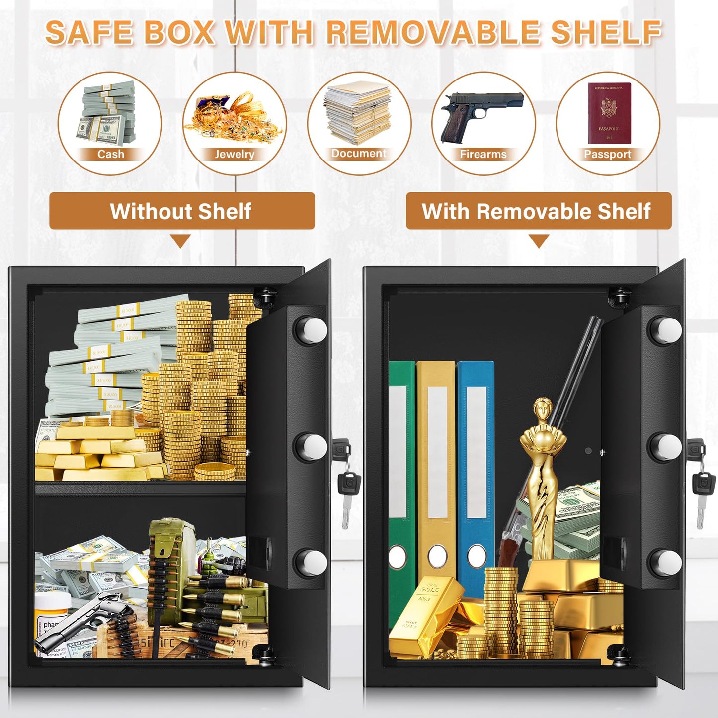 [19.7" Tall] Large Home Safe Box, Anti-theft Safes with Dual Alarm System, Digital Keypad and Spare Keys, Wall/Floor Mountable, Fire Proof Safe for Home Money Firearm Documents Medicines