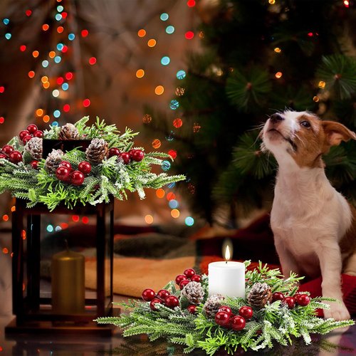 Lyrow Christmas Candle Rings - 6 Pcs Mini Wreaths with Artificial Berries & Snowy Pine | Festive Home Decor