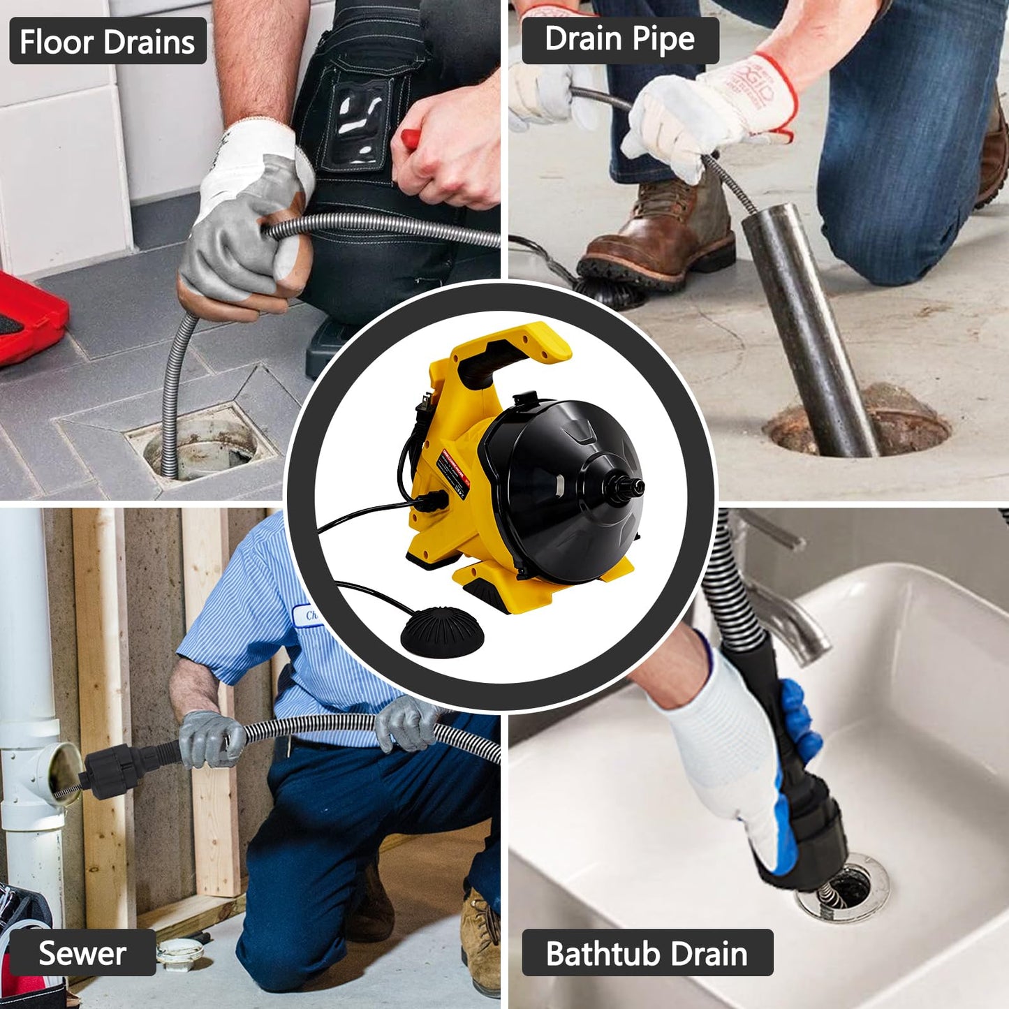 TROPOW Drain Cleaner Machine 30Ft, Auto-feed Electric Drain Auger for 3/4In - 2In Pipes, Cable in Piano Wire with Foot Switch, Sewer Snake for Sinks, Toilets, and Floor Drains