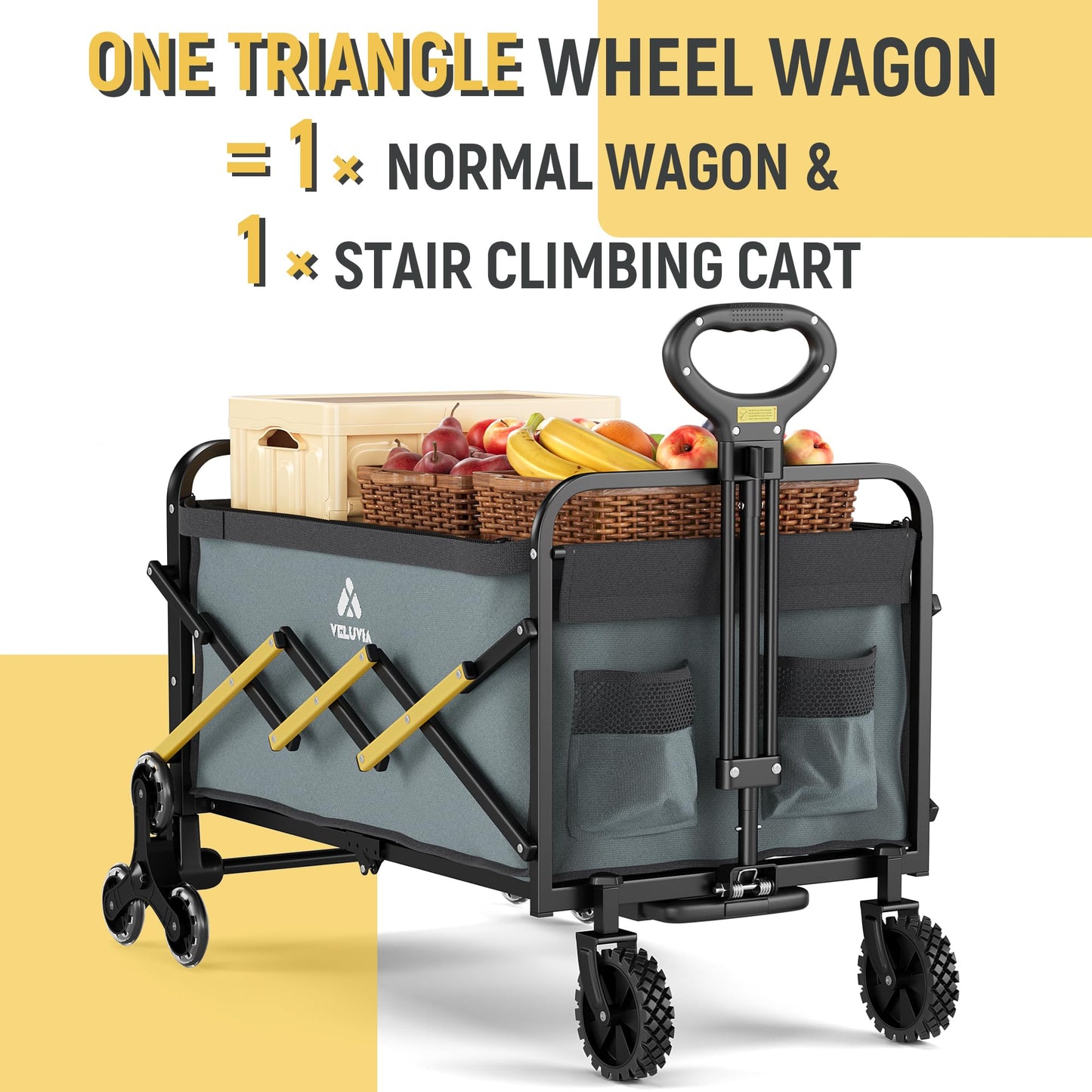 Folding Utility Cart with Triangular Wheels - 2 in 1 Collapsible Stairs Climbing Wagon, Lightweight Shopping Hand Truck with Telescoping Handle for Groceries, Laundry, Travel, Move, Office
