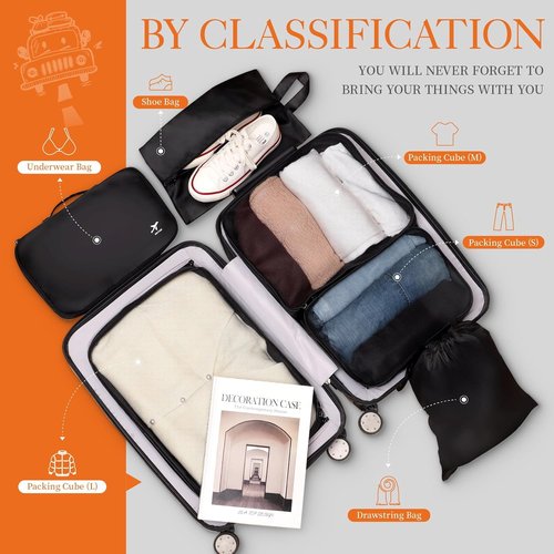 HOTOR Packing Cubes - 6 Premium Travel Organizer Bags for Suitcases | Space-Saving Black Set