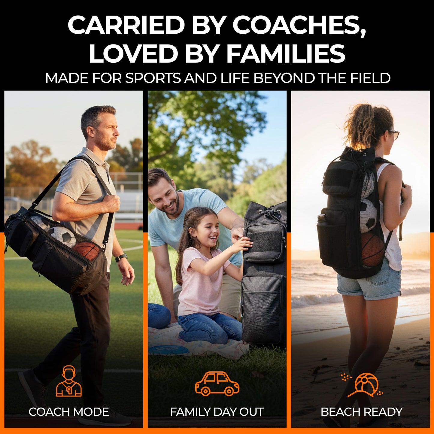 Fitdom 47L Heavy Duty Mesh Equipment Ball Bag w/Adjustable Padded Sling Shoulder Strap Design for Coach. 3 Different Size Compartments. Perfect for Soccer Football Volleyball Basketball & Water Sports