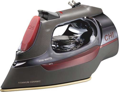 CHI Steam Iron - Professional Grade 1700 Watts with 8’ Retractable Cord & Titanium Soleplate - Black/Chrome