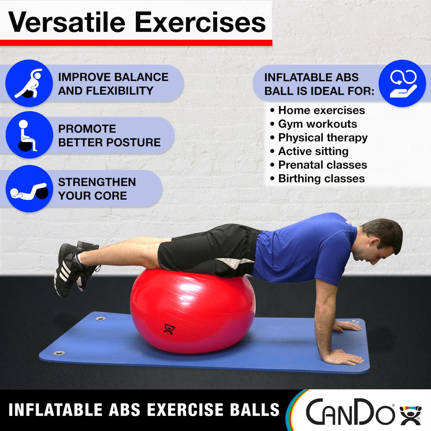 CanDo Inflatable Exercise Ball - Red 42", Durable Extra Thick Non-Slip Stability Ball for Core Workouts, Yoga, Pilates, Active Seating, Physical Therapy, Pregnancy, Home Gym, Flexibility