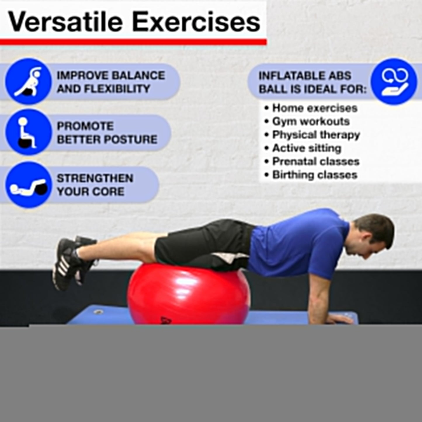 CanDo Inflatable Exercise Ball -Blue 33.5", Durable Extra Thick Non-Slip Stability Ball for Core Workouts, Yoga, Pilates, Active Seating, Physical Therapy, Pregnancy, Home Gym, Flexibility