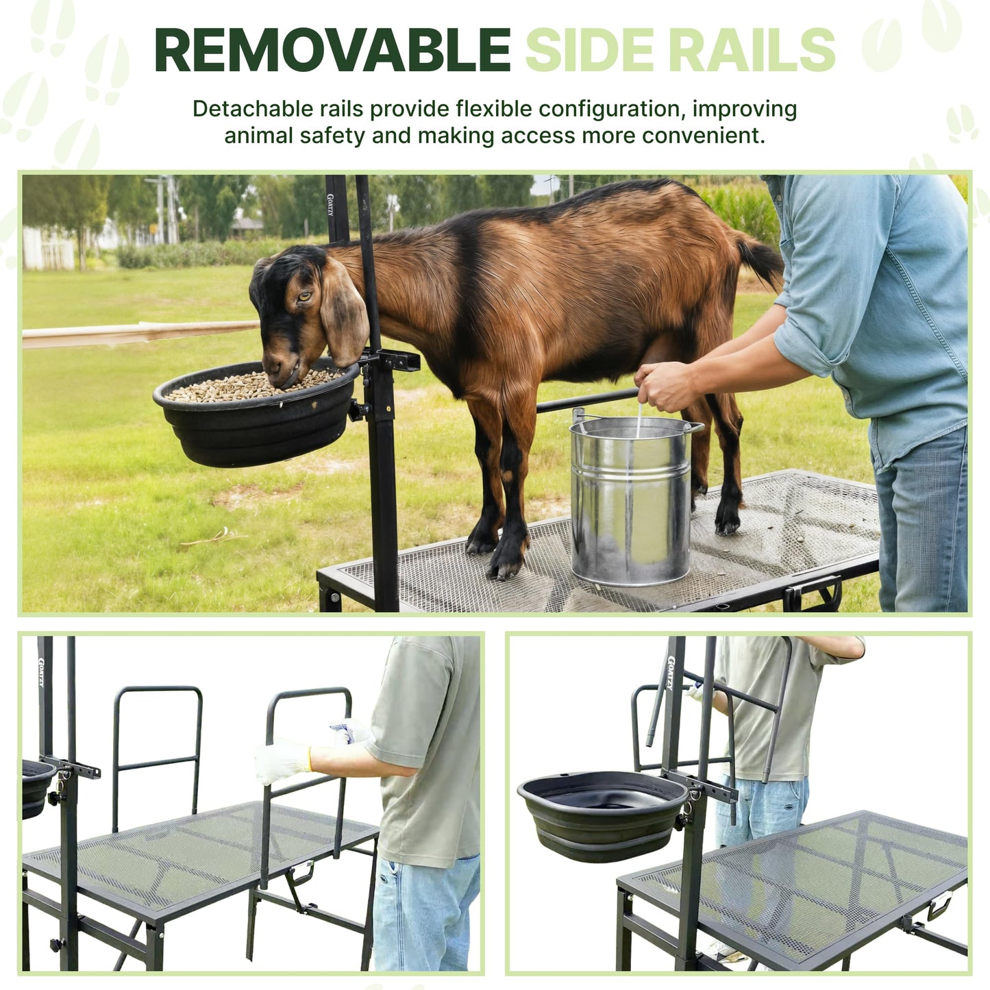 Goatzy Goat Stand with Adjustable Headpiece & Legs, Goat Milking Stand with Feeder, Rails & Wheels, Stanchion for Grooming & Hoof Trimming, Sheep Stand for Shearing Heavy-Duty Steel Platform, Black