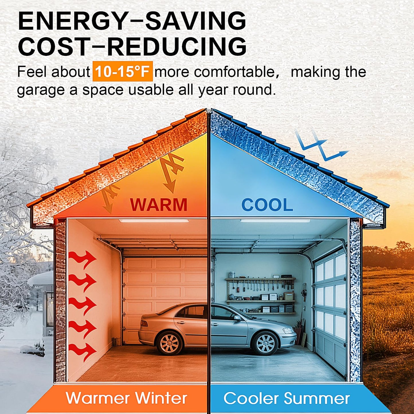 QYXJAEO Garage Door Insulation Kit, Pre-Cut Foam Garage Door Heat Insulation Panels, 16 Pack 48"x24" for 16x7/16x8 ft Double Door, Easy DIY with Tape, Cutter & Squeegee - Heat & Cold Barrier