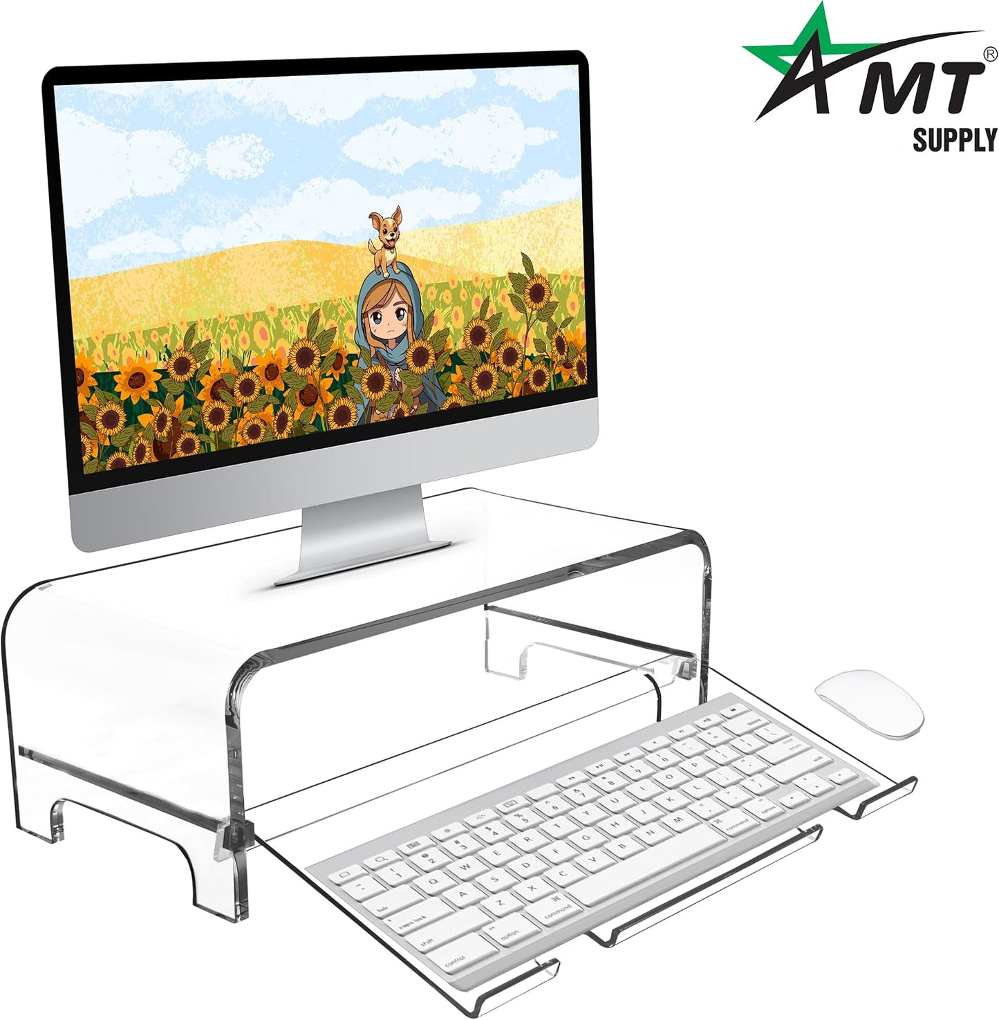 5.7 Inch AMT Acrylic Monitor Stand and Laptop Riser with Keyboard Cover, Clear Desktop Shelf for Office and Home
