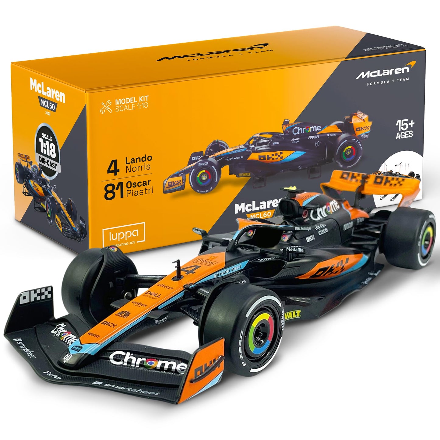 LUPPA Formula 1 MCL60 Model kit - 1:18 Scale Racing F1 MCL60 Model Inspired by Lando Norris & Oscar Piastri l Building kit, Collectible diecast, 140 Pieces