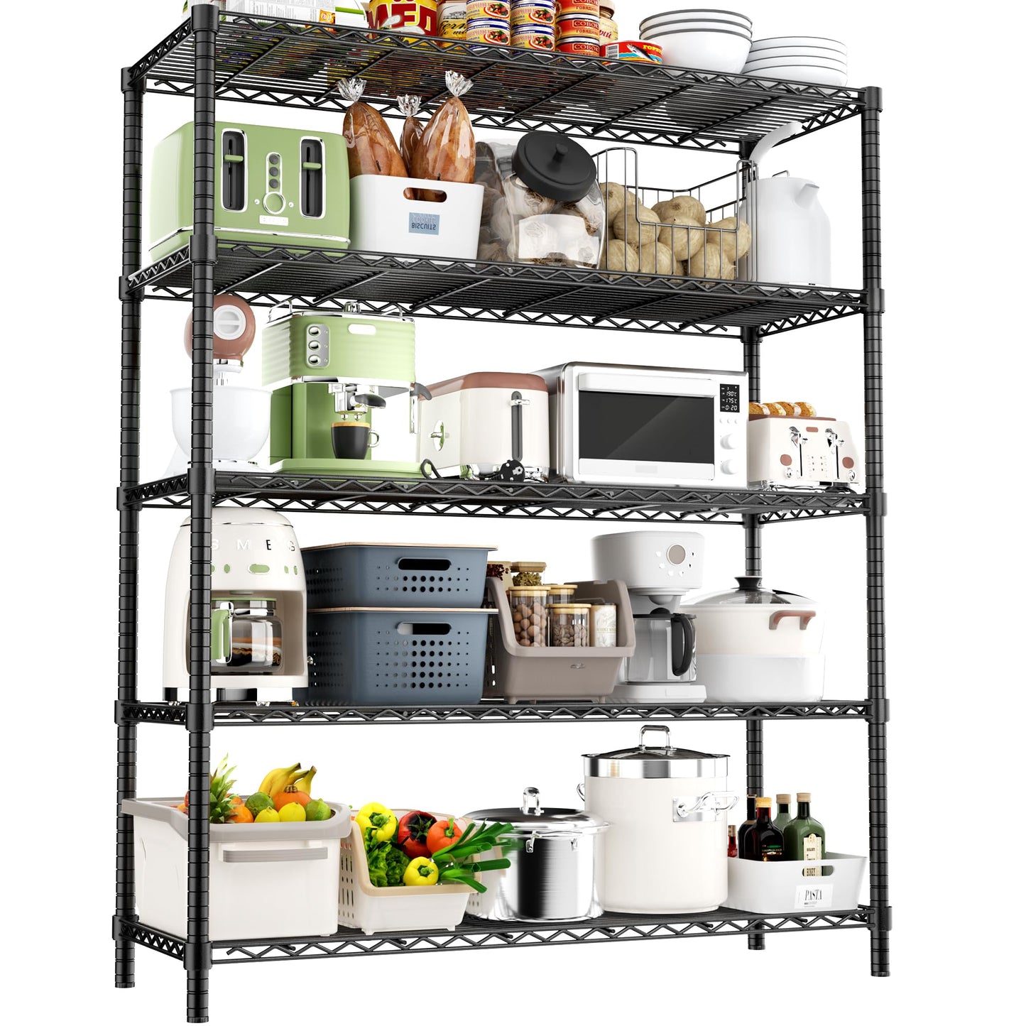 Storage Shelves Heavy Duty, 48" L x 20" W x 72" H Garage Shelving Unit Loads 2000LBS, 5-Tier Adjustable Metal Utility Shelf, Wire Shelf for Kitchen, Laundry Room, Pantry, Warehouse, Basement