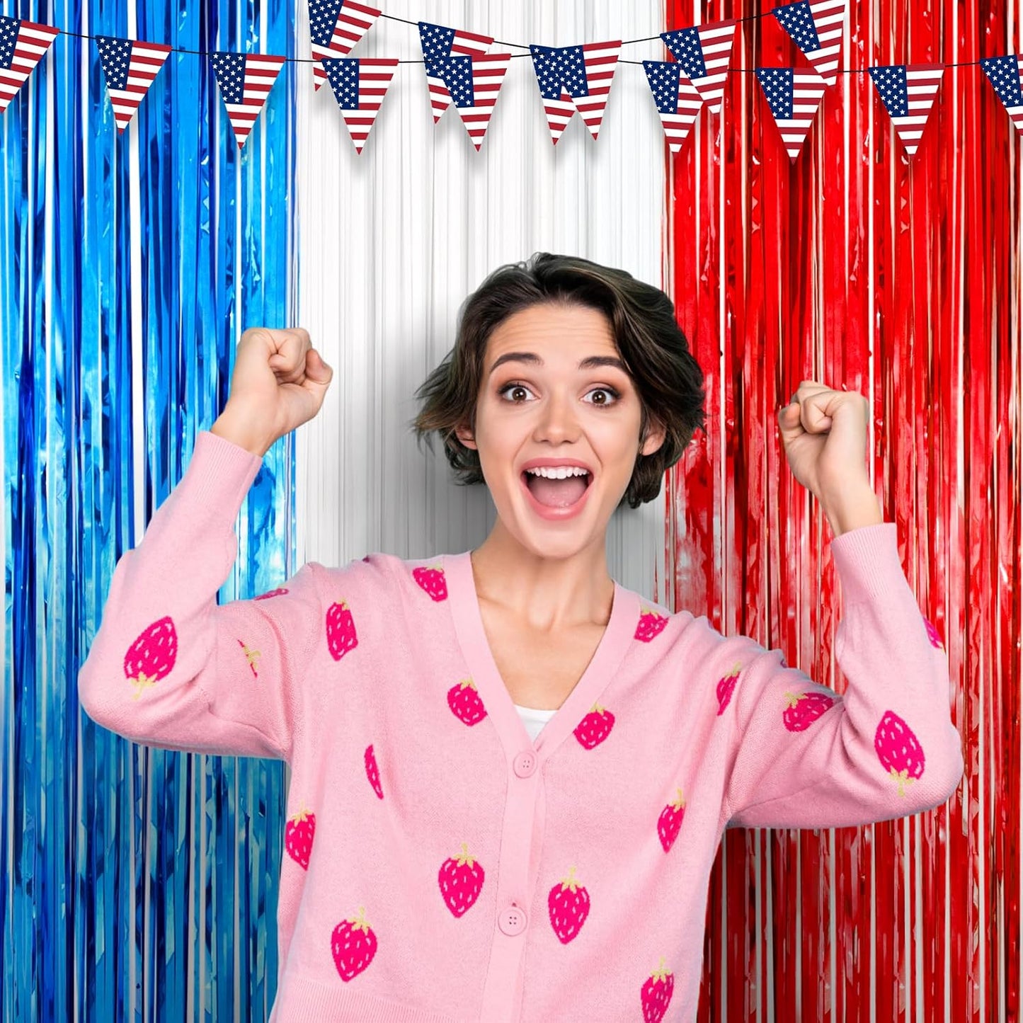 Voircoloria Red, White & Blue Foil Fringe Backdrop Curtains - 3 Pack Tinsel Streamers for Patriotic Celebrations