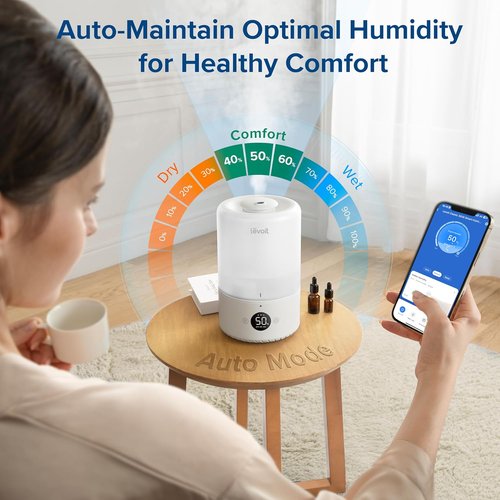 LEVOIT Smart Cool Mist Humidifier - Auto Humidity Control & Voice App Features | 3L, White