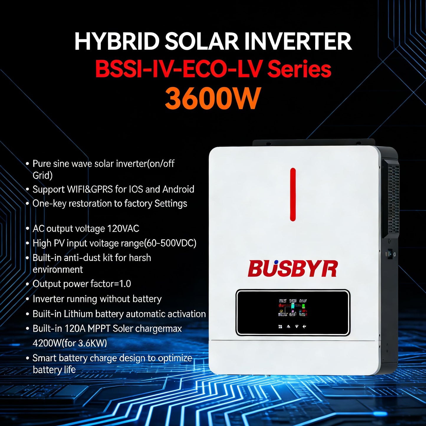 3600W Hybrid Solar Inverter Charger, 24V DC to 110V/120V AC Pure Sine Wave, Built-in 120A MPPT Controller, All-in-One Off Grid Solar Inverter for Home, RV, Cabin Backup