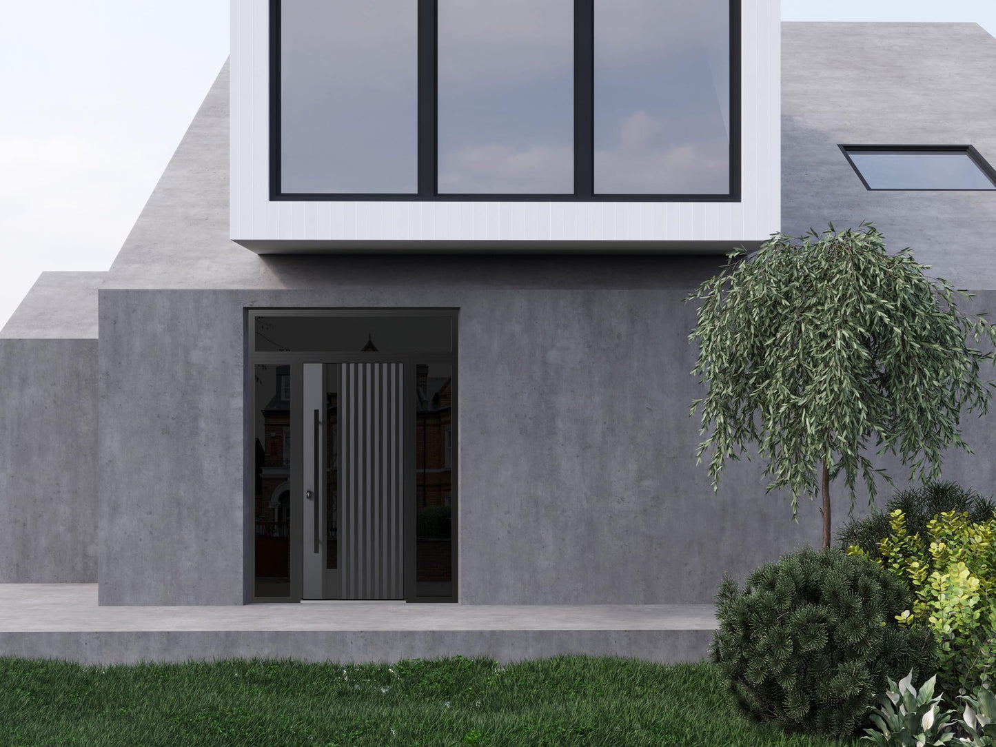 VDOMDOORS Front Exterior Prehung Steel Door/Ronex 0144 Grey / 2 Side and Top Exterior Window Sidelite/Entry Metal Modern Painted W12+36+12" x H80+16" Right Hand Inswing