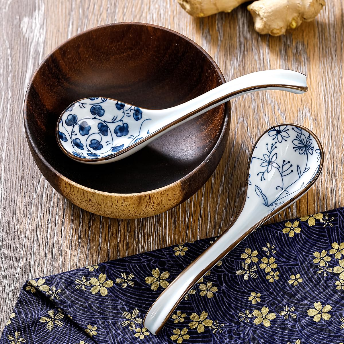 Ceramic Asian Soup Spoons, Easy to Hold, Long Handle Perfect Depth Spoon Set for Japanese Ramen Noodles, Chinese Dumpling, Pho, Miso, Wonton, Dishwasher Safe -Set of 8 - Blue