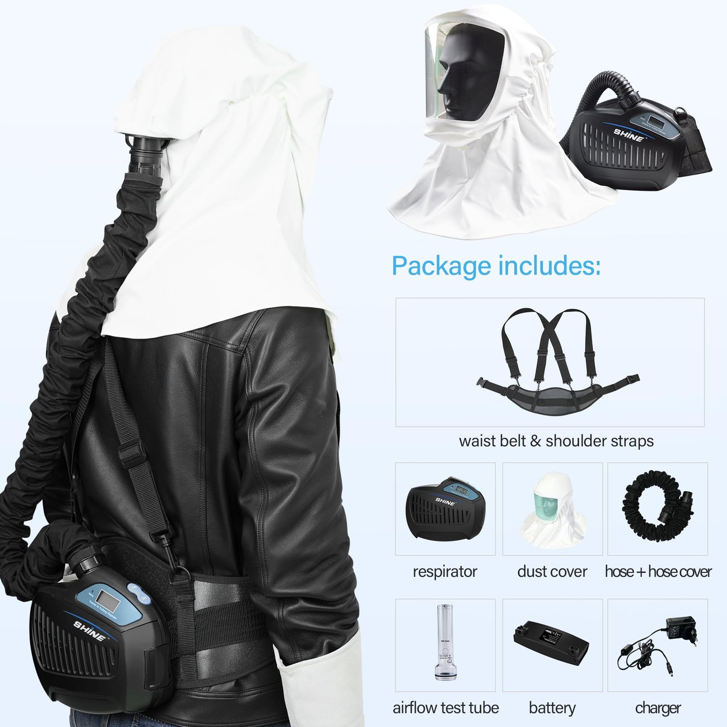 SHINE Air Purifying Respirator,Approved 3 Levels Airflow Control, High-efficiency Li-ion Battery PAPR Kit (P-SH200) (Full Hood)