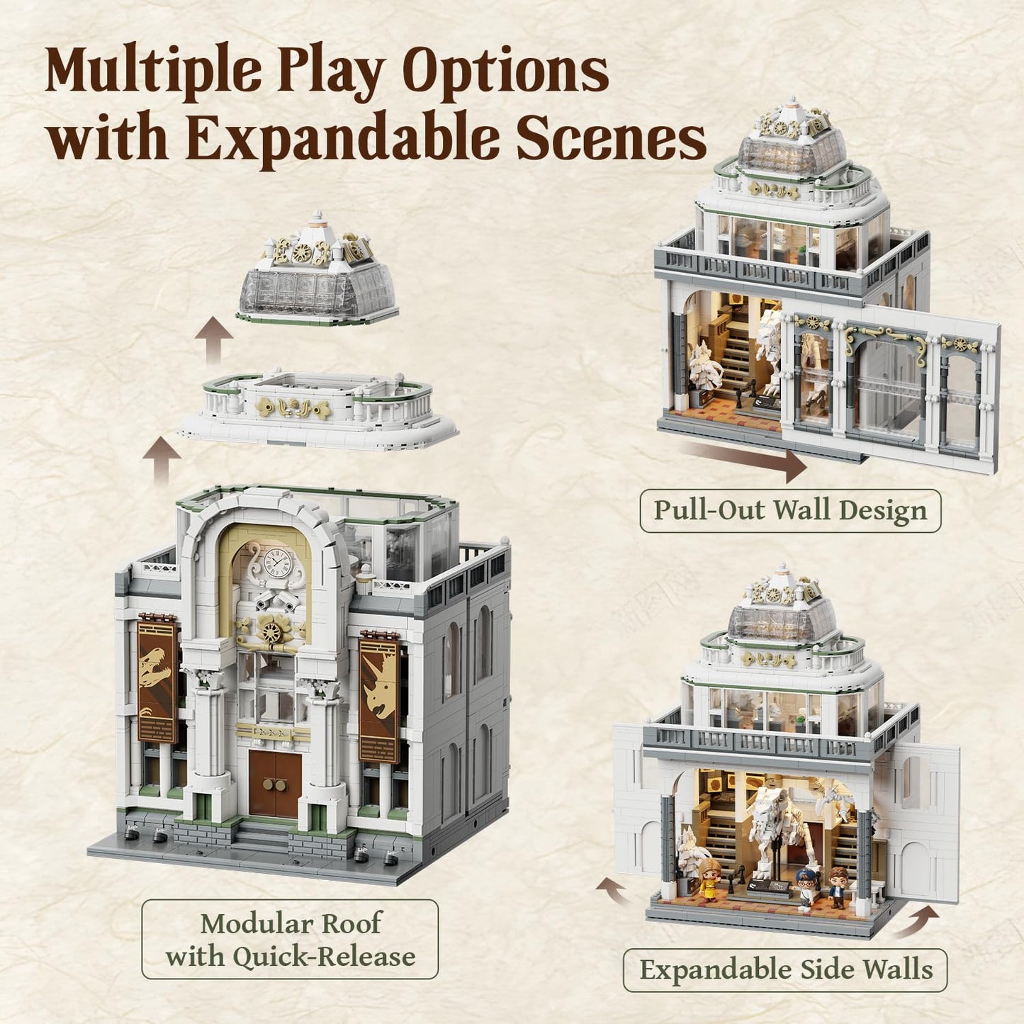 PANTASY Light Up Dinosaur Museum Building Blocks, Baroque Architecture Expandable Double Hall Model, Modular Building Set, 11 Lights, Street View Compatible Collectible Interactive Display Set