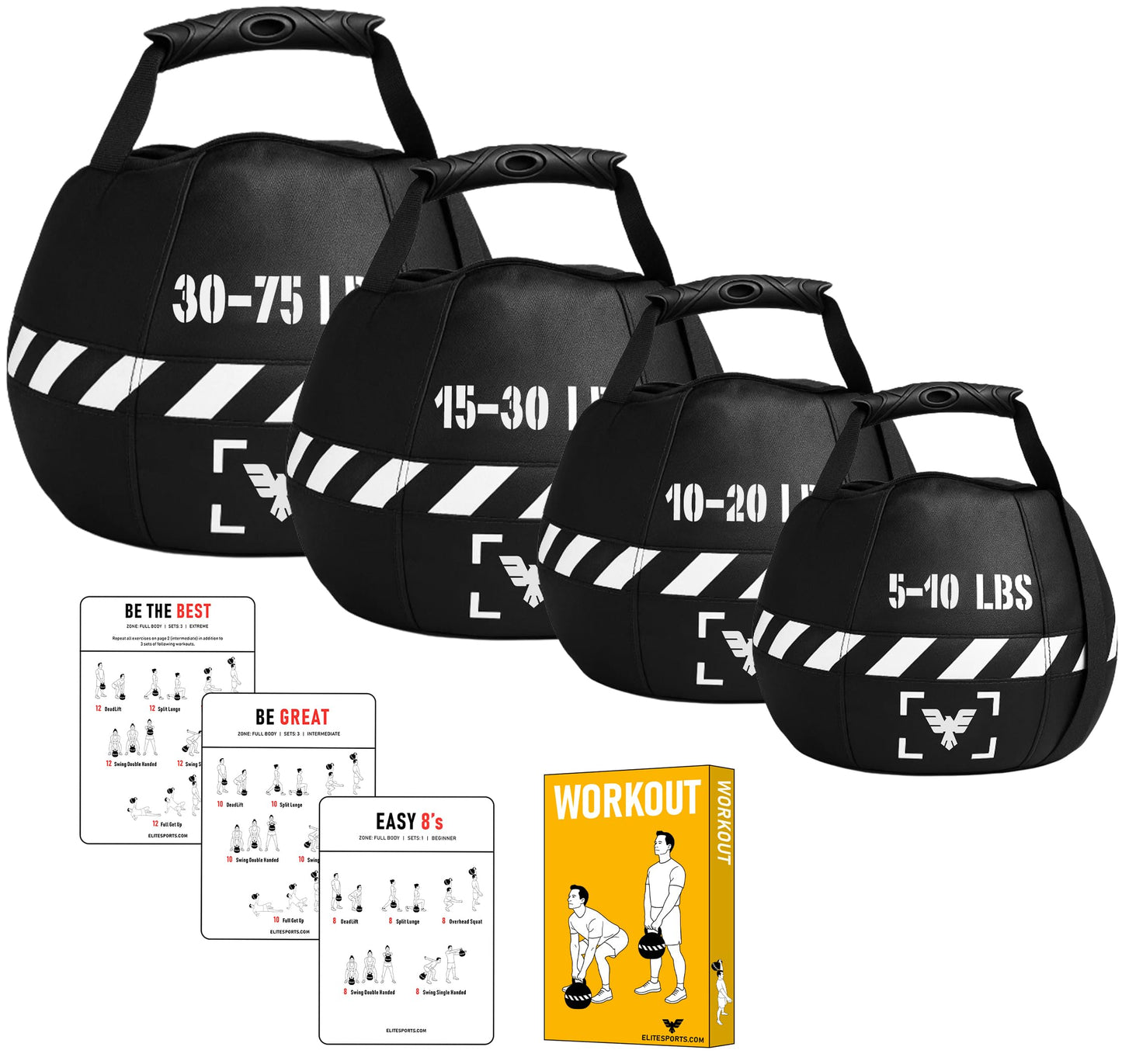 Elite Sports Kettlebell Sandbag - Heavy Duty Sand Weights Bag for Cross Training, Strength Training, Workout, Functional Fitness, Adjustable Weight, Durable Training Equipment for Home & Gym (Black, 10-20 LBS)
