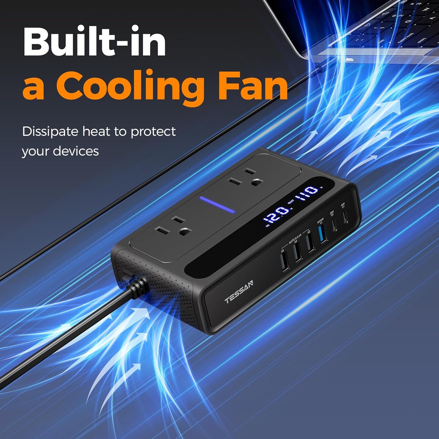 TESSAN 200W 12V 110V 2 6 36W 3.0 Car Power Inverter, DC to AC Converter with AC Outlets and USB Ports with USB-C, Car
