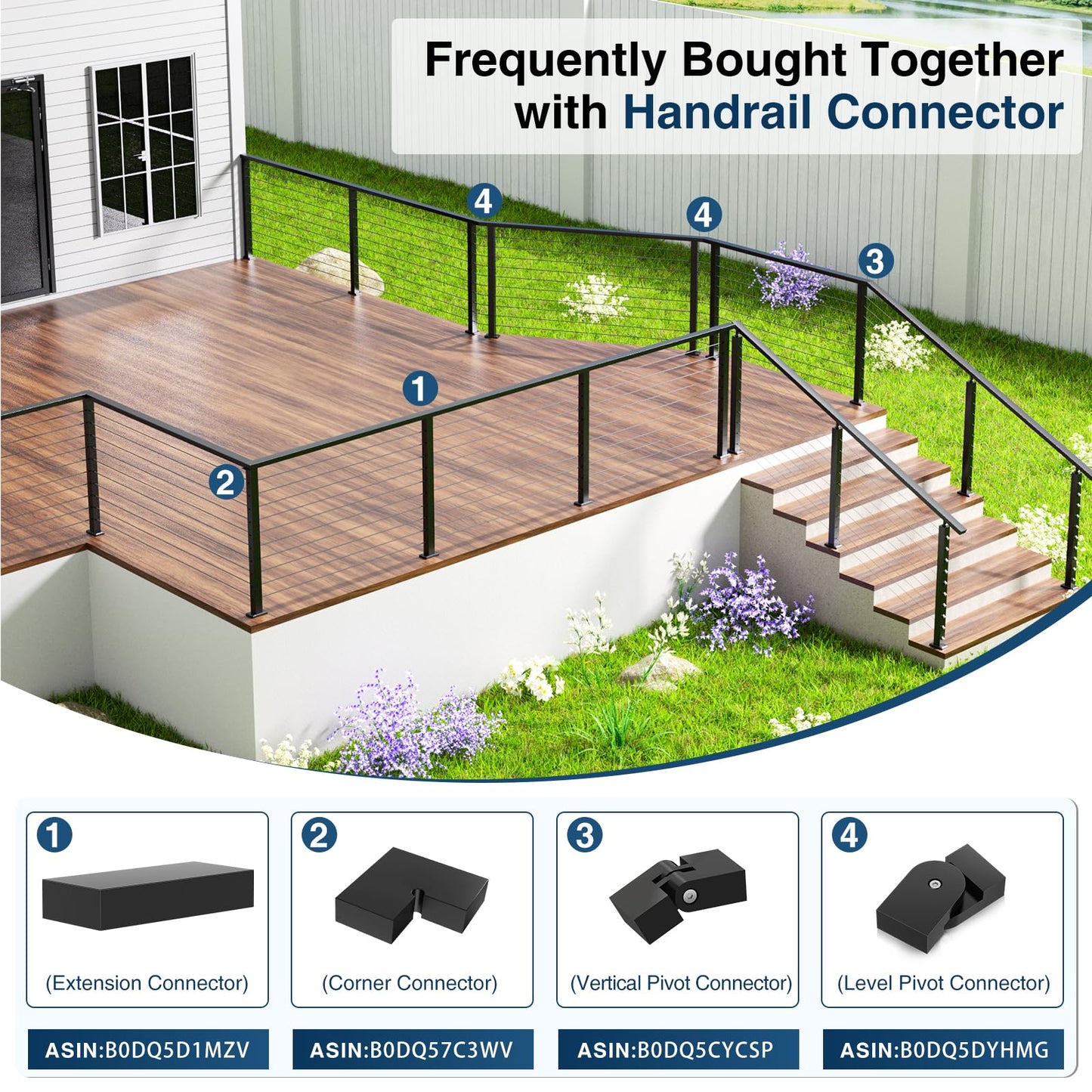 Gyykzz 6FT Stainless Steel T304 Handrail Black, 3 Pack Rectangular Cable Railing Handrail Flat Deck Top Rail with Nylon End Caps for Indoor Outdoor Deck Stair Cable Railing System DIY Balustrade