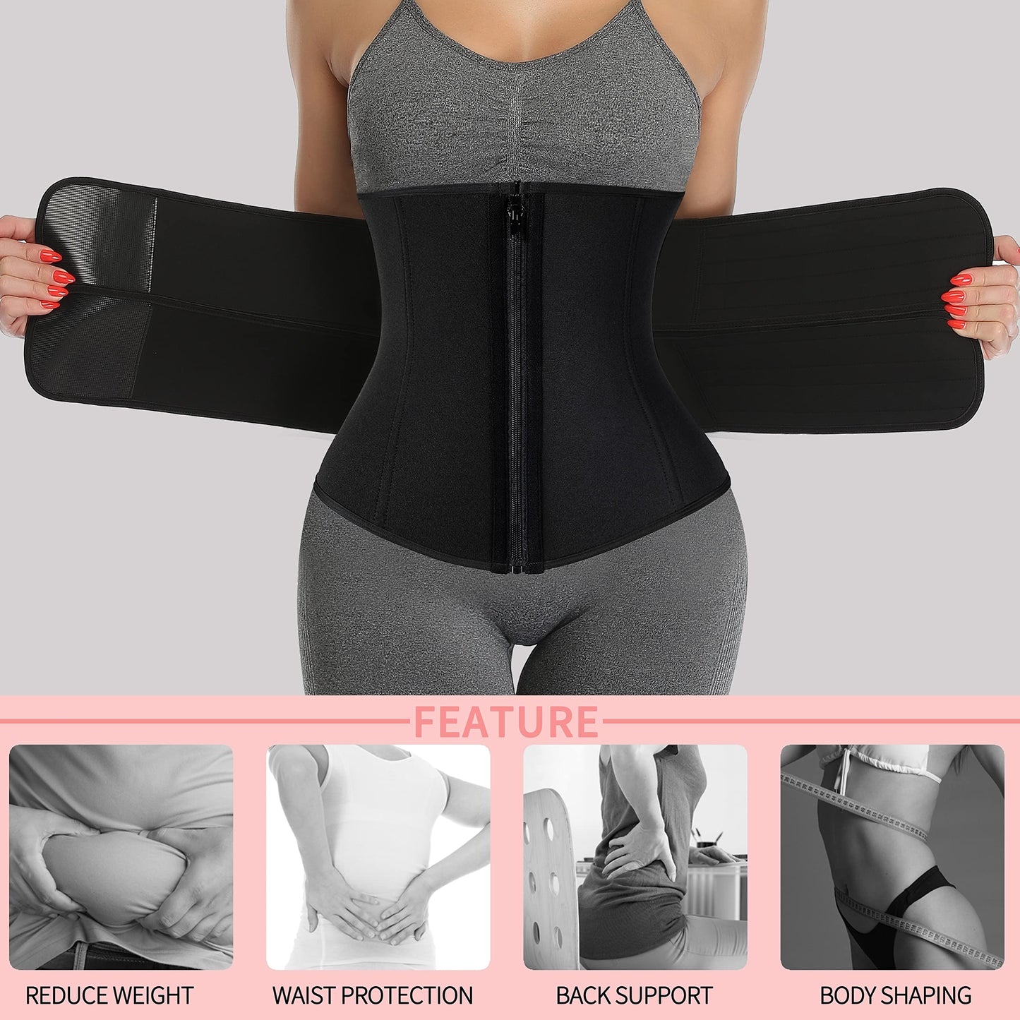 KIWI RATA Neoprene Sauna Waist Trainer Corset Sweat Belt with 2 Straps for Women Sweat Band Compression Cincher Workout Fitness Trimmer,#1 Zipper Black,Small