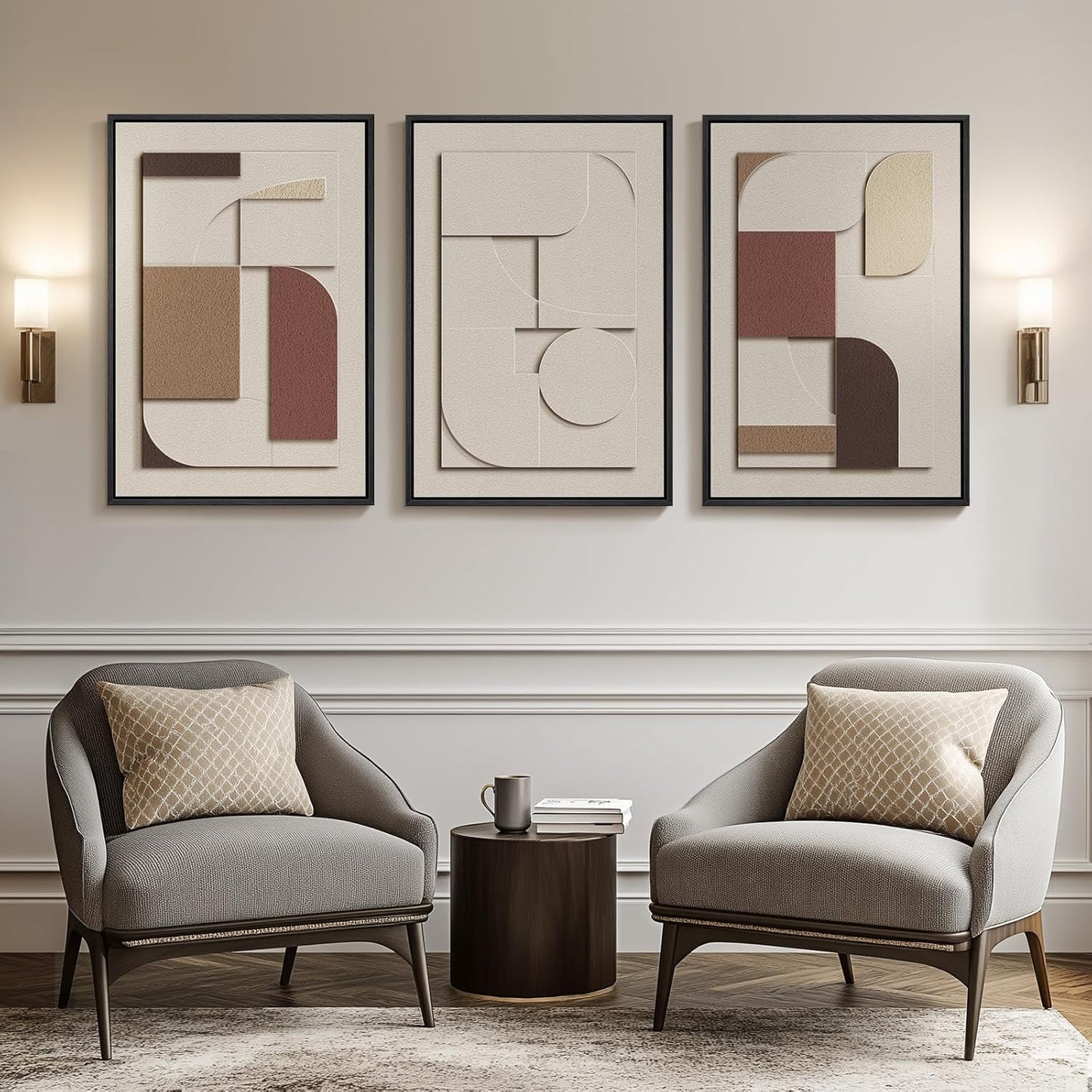 Skiennix 3D Textured Framed Wall Art - Beige Brown Geometric Paintings | Modern Minimalist 20x30 In