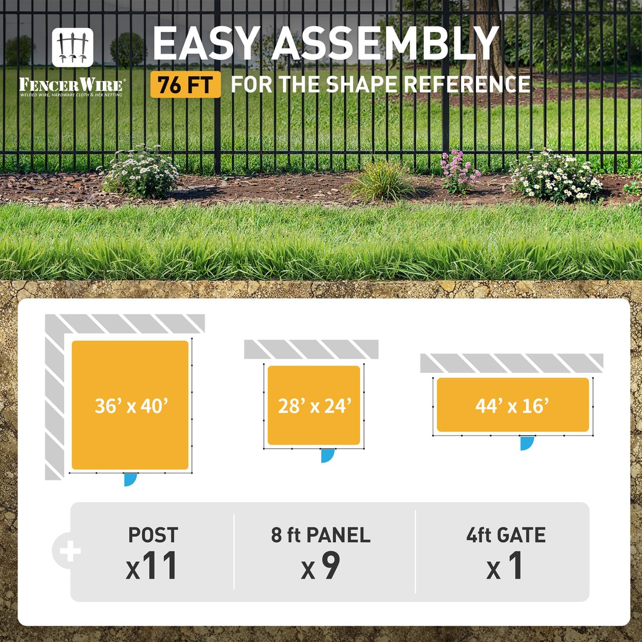 Fencer Wire 76FT Heavy Duty Flat Top Fence Barrier Kit, Anti-Rust Metal Steel Fence with 6FT Height X 8FT Width Panels, with Decorative Gate, Posts, Connectors, Outdoor Fencing for Yard