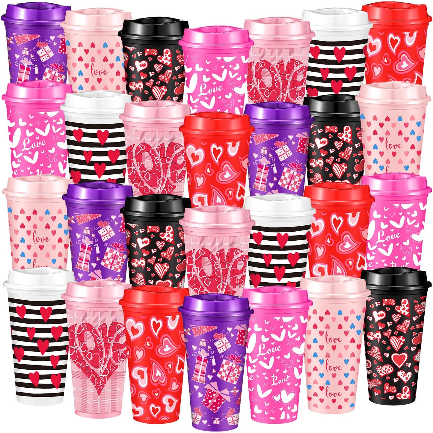 Pickmesh 28 Pack Valentines Day Coffee Cups Gift Bulk for Women Teachers 16 oz Reusable Valentine Coffee Mugs with Lid Red Heart Plastic Tumblers Thank You Mug for Hot and Cold Drinks
