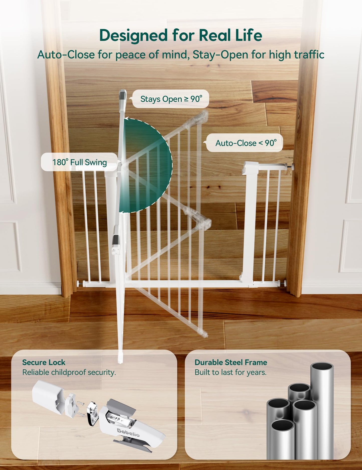 Babelio Metal Baby Gate, 29-48" Auto Close Easy Install Pet Gate, Extra Wide Walk Thru Child Safety Gate, Pressure Mounted Dog Gate for Doorways & Stairs, with Y Spindle Rods, White