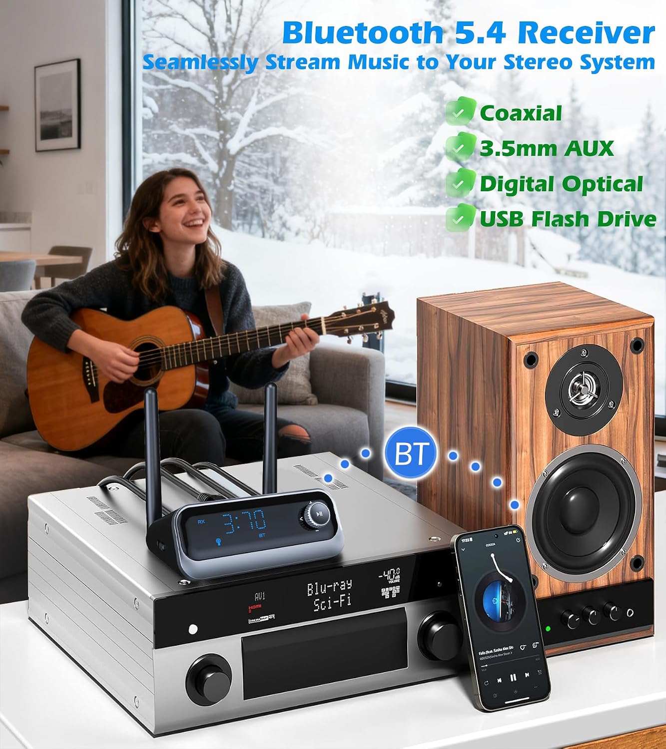 KAIY 3.5mm Bluetooth Receiver for Home Stereo, Low Latency Optical & Coaxial Bluetooth Audio Adapter with AUX, Wireless