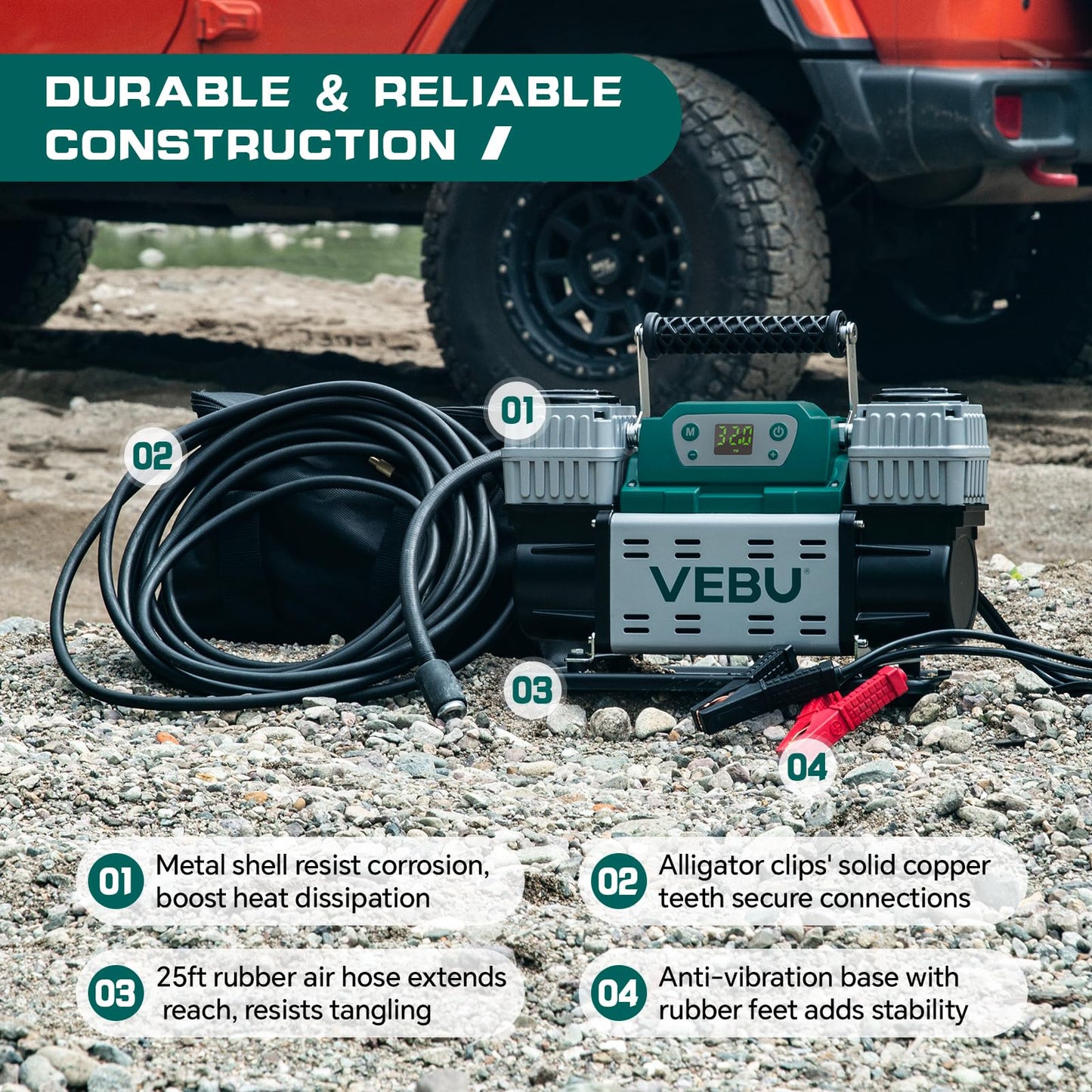 VEBU ‌Off-road Air Compressor 12V Tire Inflator, 150PSI with Auto Shut Off, Digital Display & Preset, 10.6CFM Fast Inflation for Off-road Vehicles, Trucks, SUVs, RVs, ATVs