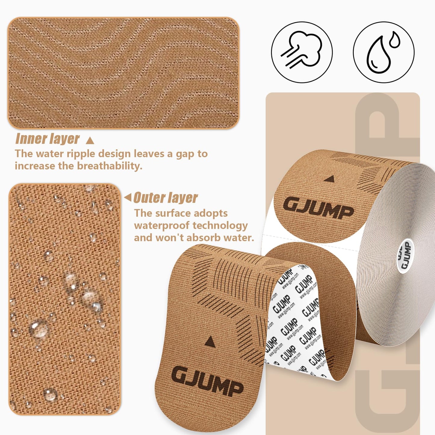 GJUMP Kinesiology Tape, 40 Count Precut Strips 2 Rolls, Original Cotton Elastic Athletic Tape for Muscle Strain Relief & Joint Support, Waterproof & Breathable Sports Tape