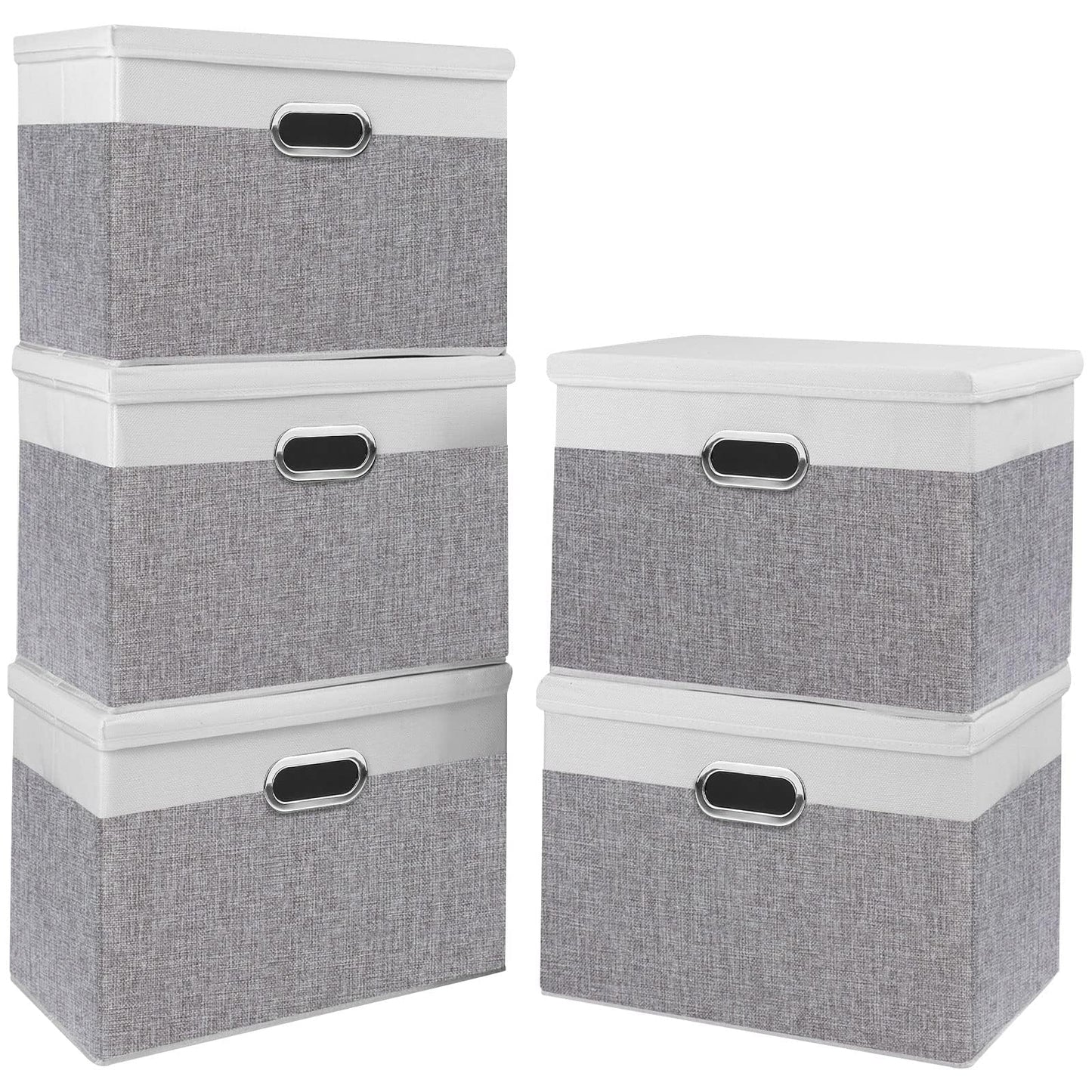 Yawinhe Fabric Storage Bins with Lids, Decorative Boxes with 2 Metal Handles, Waterproof Cube Organizer Basket, Closet Containers, White/Gray, 17.3''Lx11.8''Wx11.8''H, 5-Pack