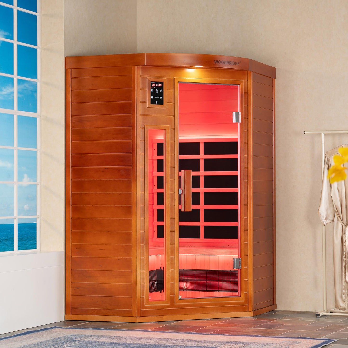 WOODBRIDGE Infrared Sauna Room 2 Person Japanese Cedar Indoor Corner Sauna with 7 Carbon Heaters, Red Light Therapy,Bluetooth Speaker,Intelligent Dual Control System,Tempered Glass,Exterior Brim Light