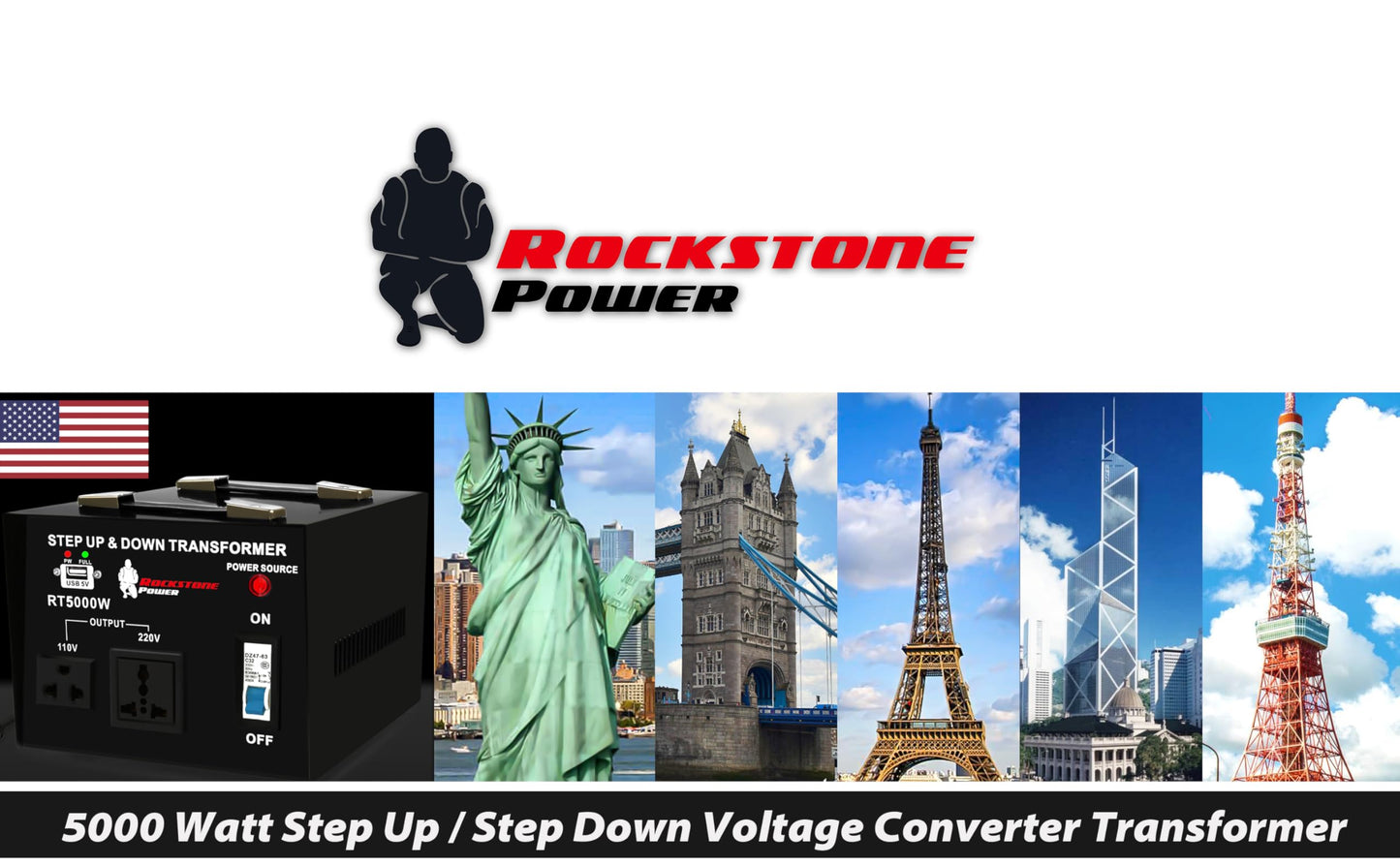 ROCKSTONE POWER 5000 Watt Voltage Converter Transformer - Heavy Duty Step Up/Down AC 110V/120V/220V/240V Power Converter - Circuit Breaker Protection – DC 5V USB Port - CE Certified [3-Year Warranty]