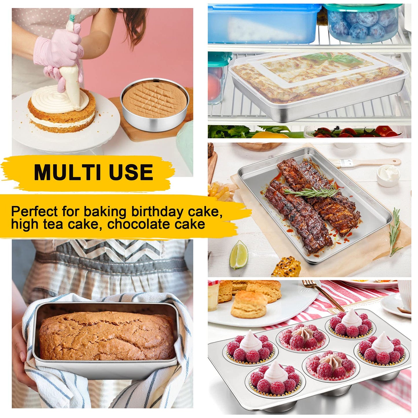 Bakeware Sets, P&P CHEF 9-Piece Stainless Steel Baking Pans Set, Round/Square Cake Pan, Toaster Oven Pan, Lasagna Pan, Loaf Pan, Pizza Pan, Muffin Pan, Dishwasher Safe & Durable, Healthy & Non-toxic