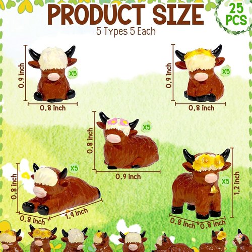 Exasinine Mini Highland Cow Figurines - 25 Pcs Resin Sculptures for Cake Decorations & Garden Decor