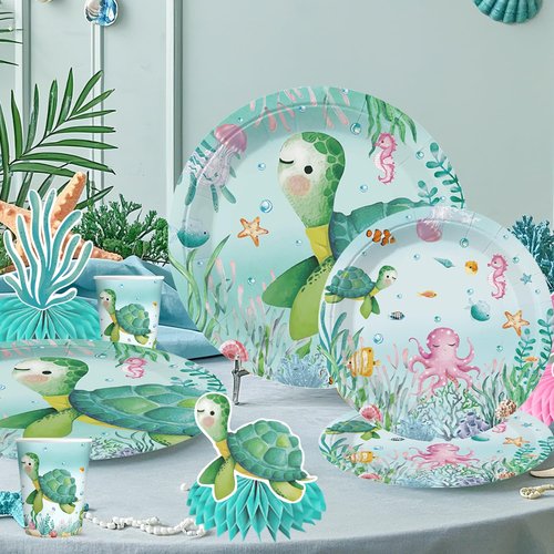cocomigo 201 Pieces Ocean Party Decorations, All-in-One Sea Turtle Birthday Party Pack, Includes Banner, Plates, Tablecloth, Cake Toppers, Balloons, Under the Sea Decorations for 25 Guests