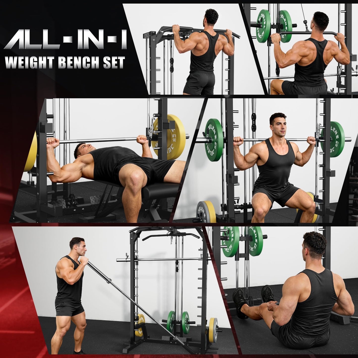JELENS SR01 Smith Machine, 2000LBS Multi-Function Power Cage with LAT Pulldown System, All-in-One Home Gym Squat Rack with Smith Bar and Training Attachments (Black, SR01 Smith Machine)
