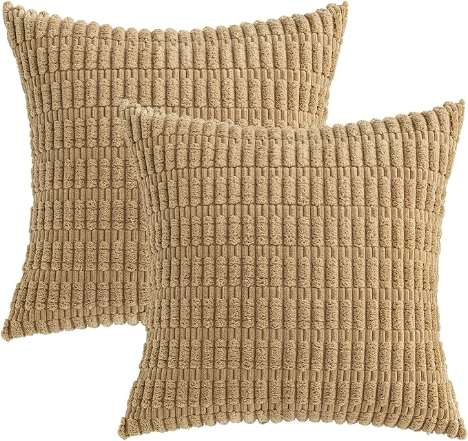 MIULEE Pack of 2 Corduroy Decorative Euro Sham Throw Pillow Covers 22x22 Inch Soft Boho Striped Pillow Covers Modern Farmhouse Home Decor for Sofa Living Room Couch Bed Khaki