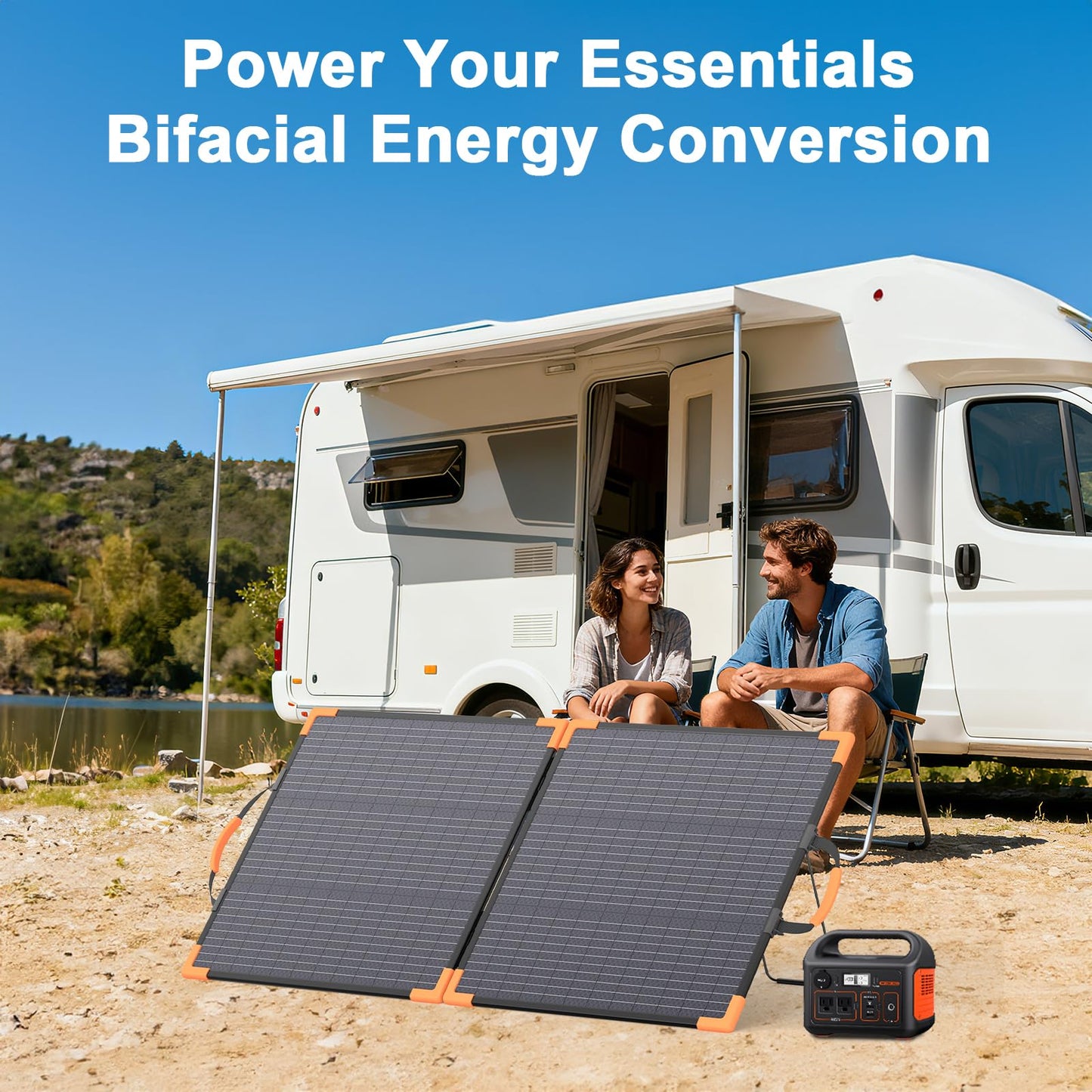 MHPOWOS 100 Watt Bifacial Portable Solar Panel for Power Station, 20V Foldable Solar Charger with IP68 Waterproof, 23.5% High Efficiency with 2 Reinforced Kickstands for Camping RV Off-Grid Blackouts