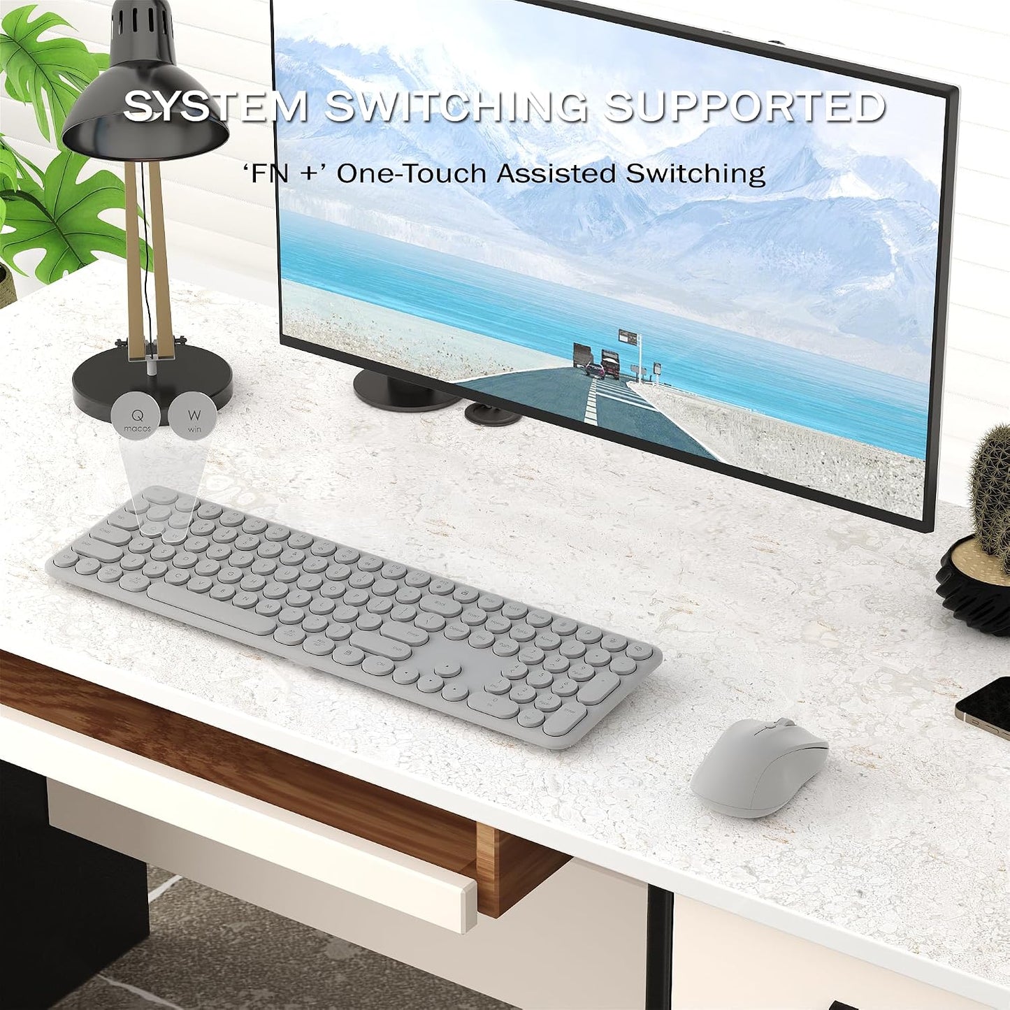 KEQTFT 110 1xUSB Wireless Keyboard and Mouse Combo, Round Quiet Keys, Adjustable Optical Mouse, Share Receiver, Power