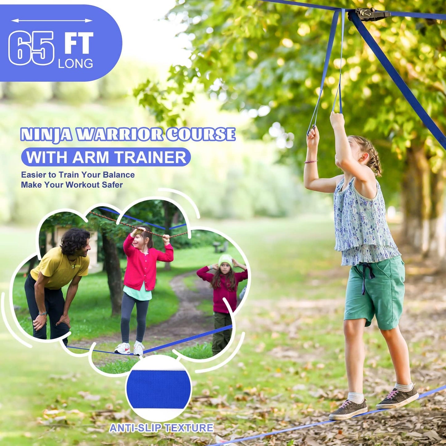 Ninja Warrior Obstacle Course for Kids Backyard-65ft Slackline Kit with 13 Obstacles, Upgraded Quick-Install Buckles No Threading, Install Anywhere, 900lbs Capacity, Easy Setup Backyard Playground Set