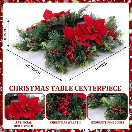 Kathfly 20" Christmas Poinsettia Centerpiece - Elegant Dining Table Decoration with Candle Holders & Red Flowers