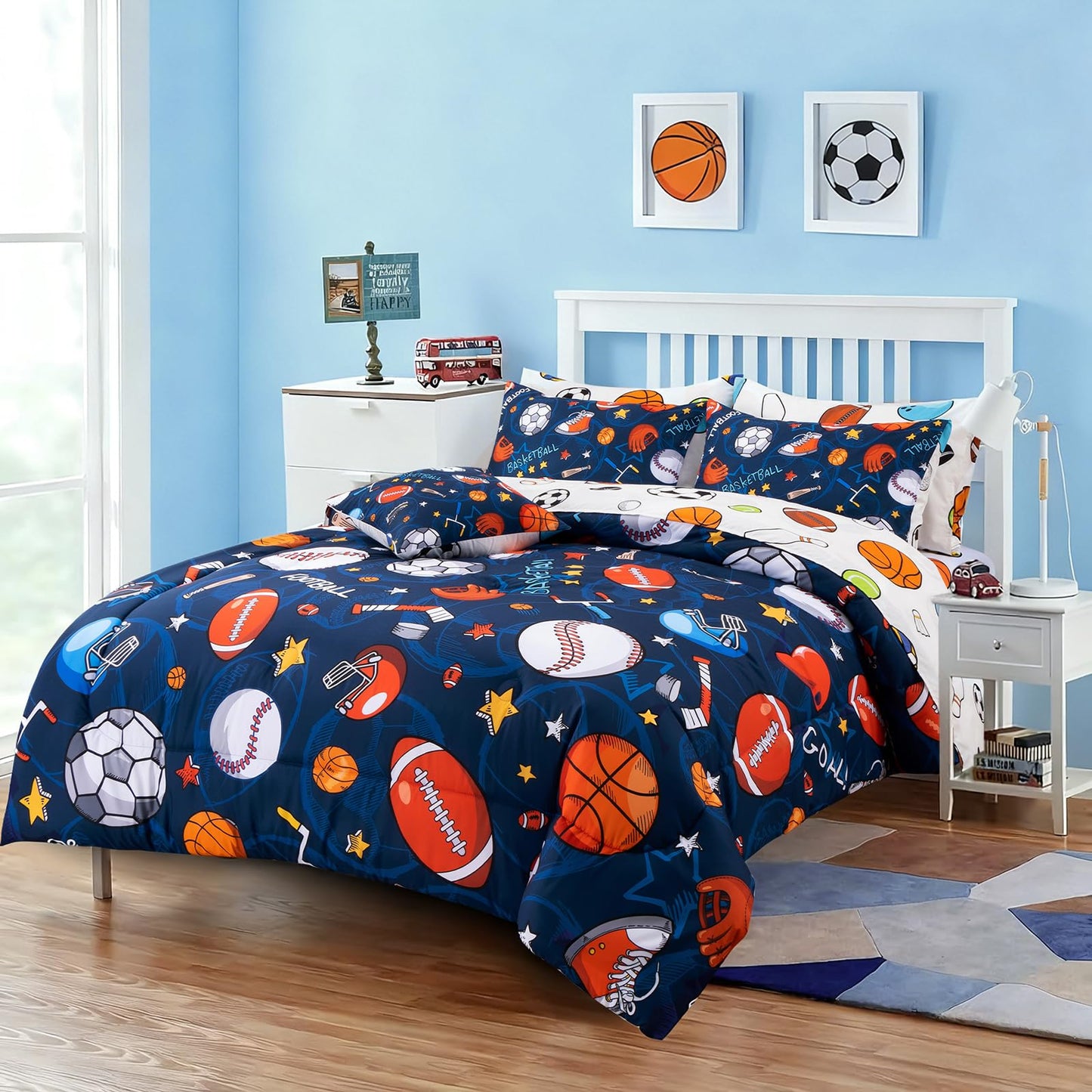 A Nice Night 6Pcs Bed in A Bag Full Sports Microfiber Modern Comforter Set,Navy Rugby Ball Printed Bedding Collections,for Boys Kids Teen