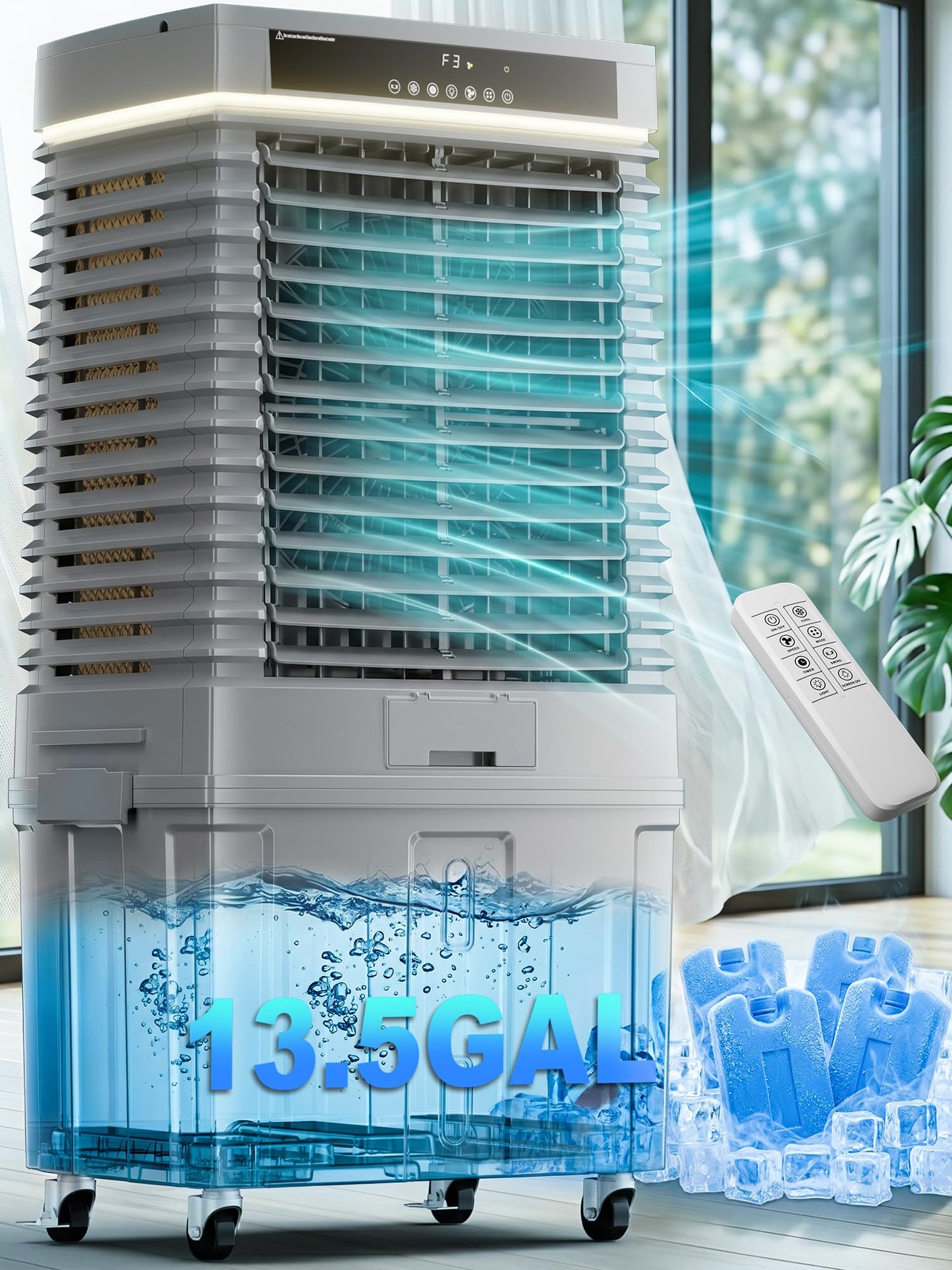 Uthfy 4000CFM Swamp Cooler for Large Room, 41” Evaporative Air Cooler with 13.5Gal Detachable Water Tank, 12H Timer, Ambient Light, 120° Oscillation, Indoor & Outdoor Air Conditioner for Patio, Garage