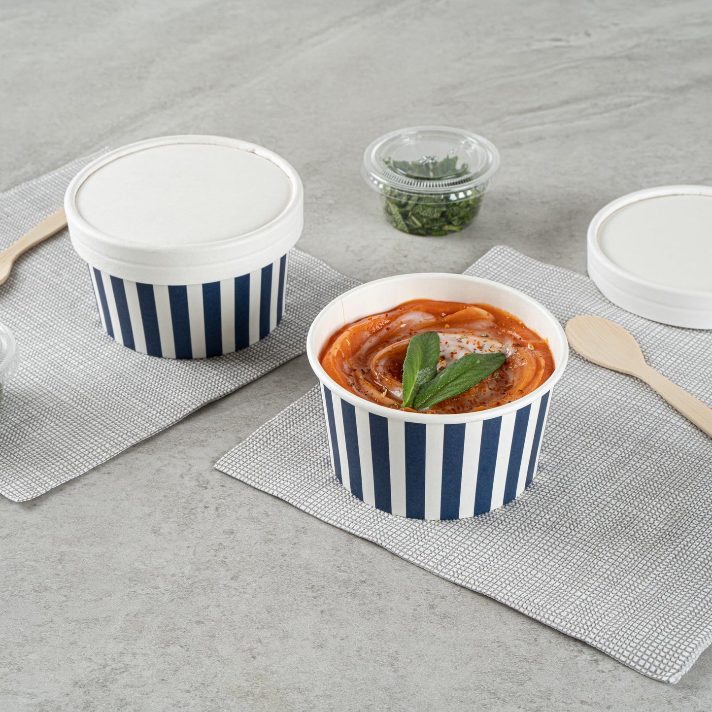 Restaurantware Coppetta 8 Ounce Dessert Cups, 200 Disposable Ice Cream Cups - Lids Sold Separately, Sturdy, Blue And White Paper FroYo Bowls, Striped, For Hot And Cold Foods, Perfect For Gelato