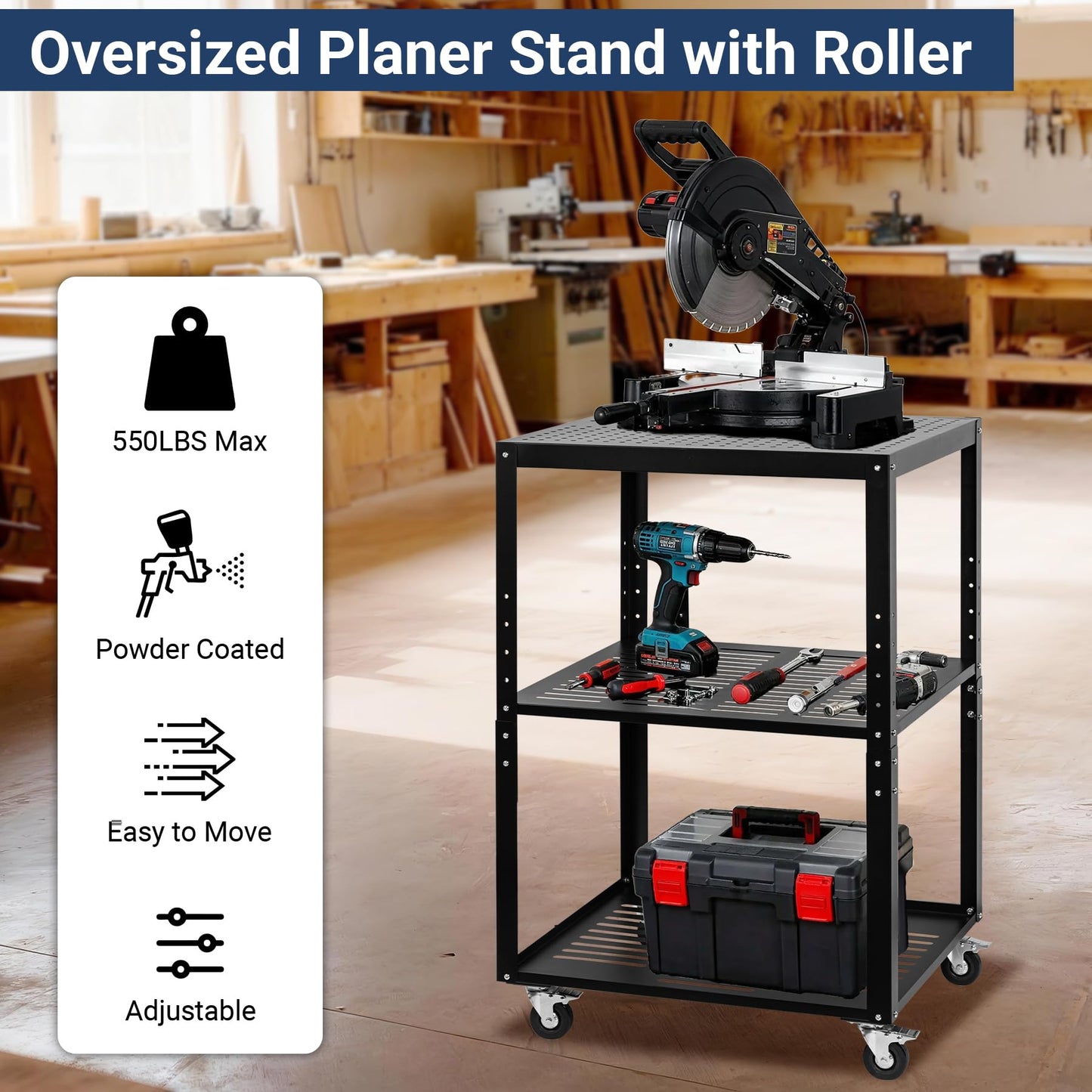 Eastrexon Planer Stand, 27.6" x 24" Tabletop, 31"- 44.7" Height Adjustable, 550 LBS Capacity Planer Table with 4 Stable Casters & Storage Space, for Most Planers, Saws, Bench-top machines, Power Tools