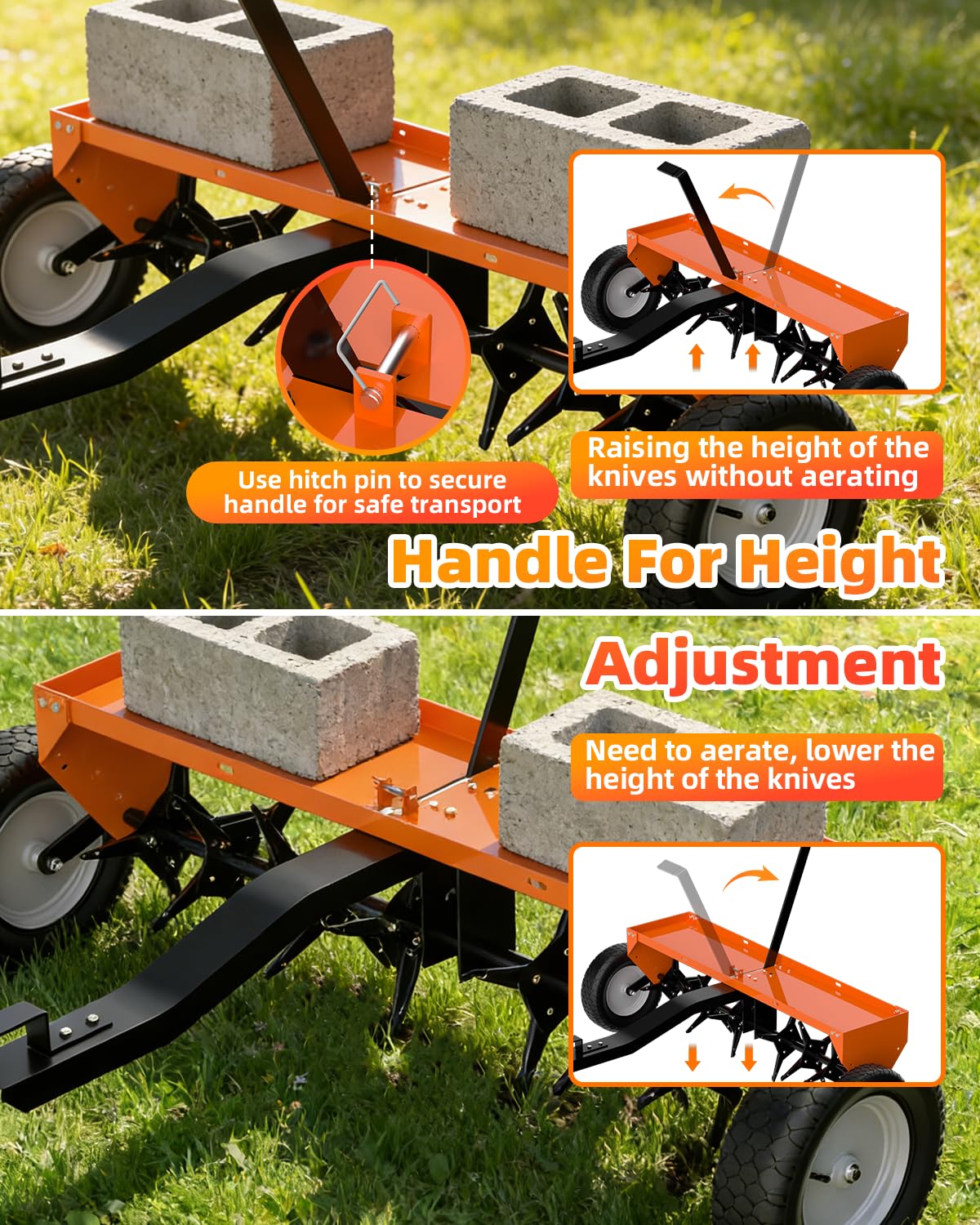48" Tow Behind Aerator, Pull Behind Lawn Aerator Tool with Universal Hich, 32 Rust-Proof Knives & Heavy-Duty Tires, Plug Aerator for Yard & Garden Compacted Soil, Fits Lawn Tractors, ATV, UTV, Orange